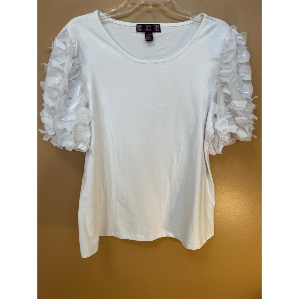 BY Design White 3D Petal Puff Sleeve Scoop Neck Top XL
